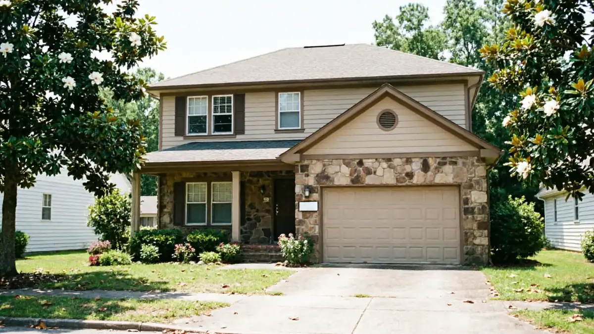 A two-story house with a beige garage door and stone facade.