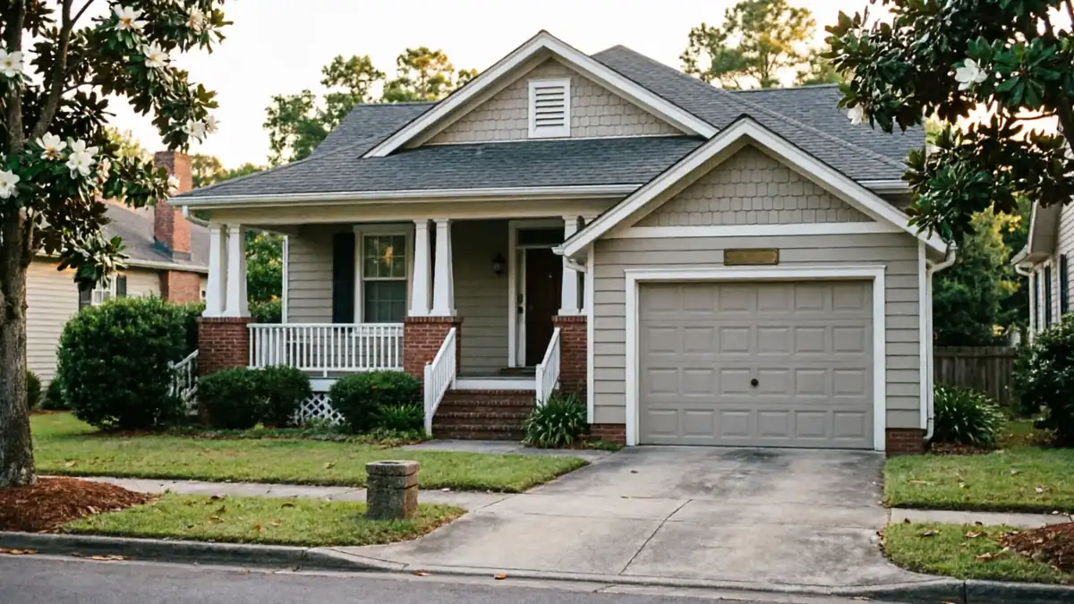 A light brown house has a front porch and a single garage door.