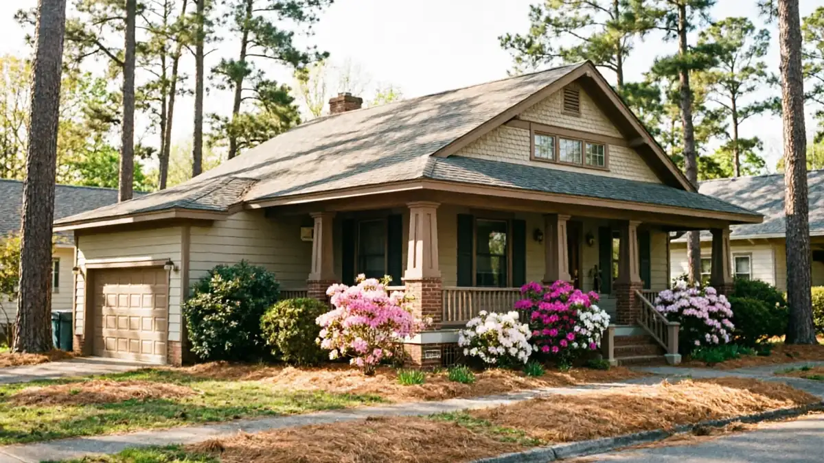 The house has a brown garage door, a front porch, and blooming bushes.