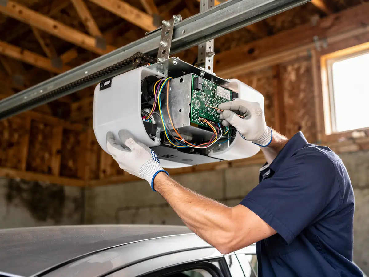 A technician in gloves repairs a garage door opener with exposed wiring.